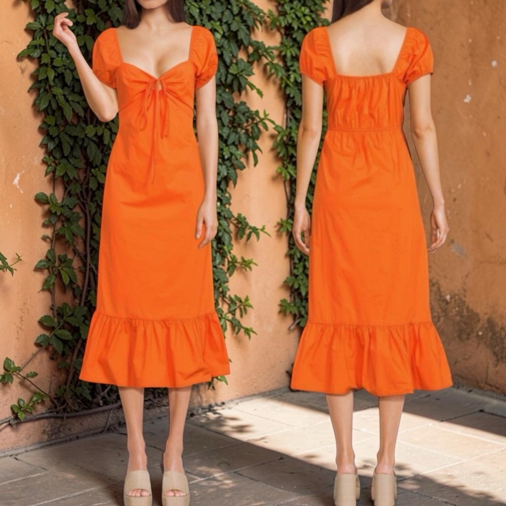 Greylin 100% Cotton Bright Orange Keyhole Tier Midi Dress Resort Vacation Chic M
